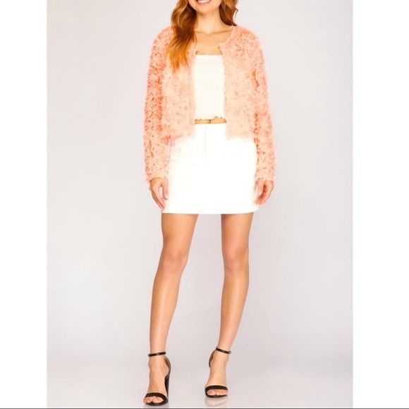She + Sky Long Sleeve 3D Mesh Short Jacket Cardigan Flower appliqué in Pink - Picture 3 of 12